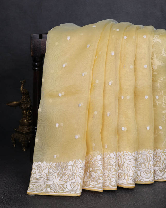 Yellow -Off White Organza Embroidery Saree