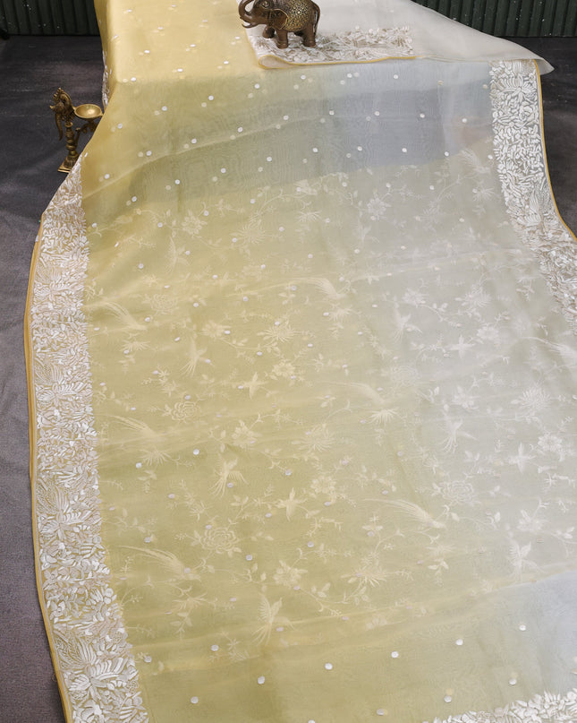 Yellow -Off White Organza Embroidery Saree
