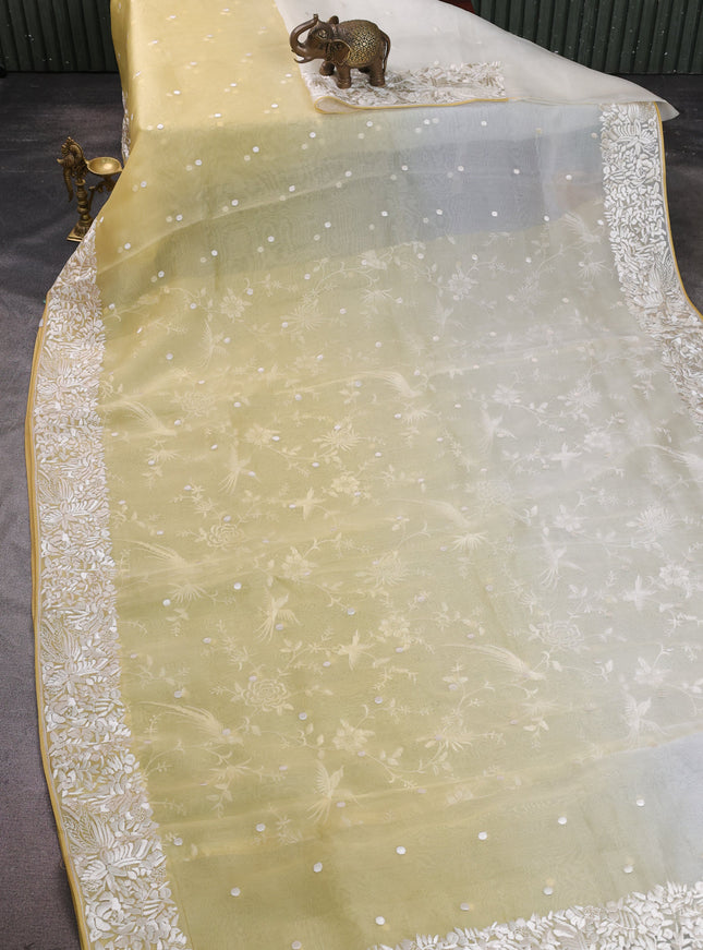 Yellow -Off White Organza Embroidery Saree