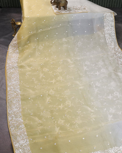 Yellow -Off White Organza Embroidery Saree