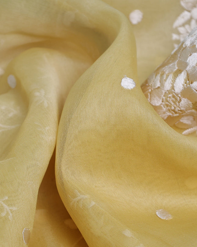 Yellow -Off White Organza Embroidery Saree