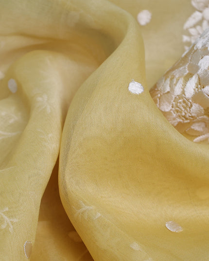 Yellow -Off White Organza Embroidery Saree