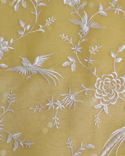 Yellow -Off White Organza Embroidery Saree