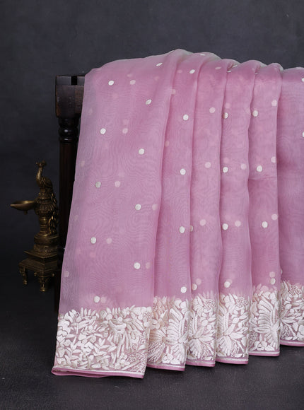 Muave Pink-Off White Organza Embroidery Saree