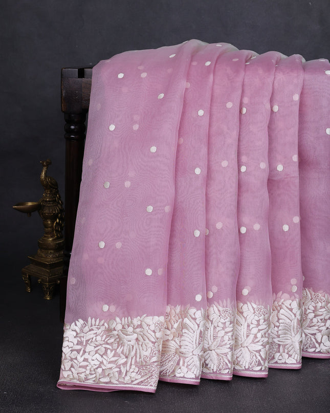 Muave Pink-Off White Organza Embroidery Saree