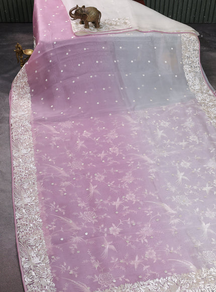 Muave Pink-Off White Organza Embroidery Saree