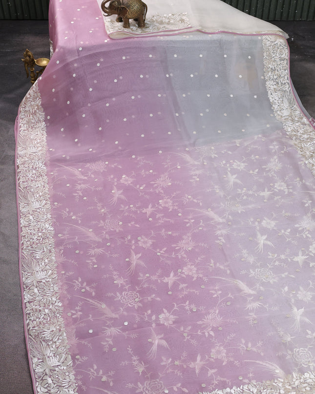 Muave Pink-Off White Organza Embroidery Saree
