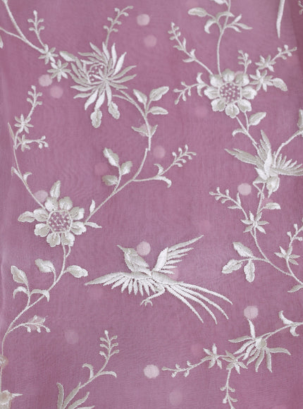 Muave Pink-Off White Organza Embroidery Saree