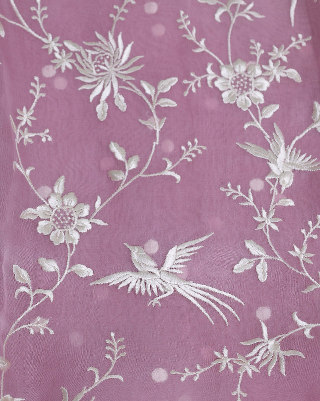 Muave Pink-Off White Organza Embroidery Saree