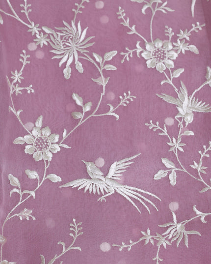 Muave Pink-Off White Organza Embroidery Saree