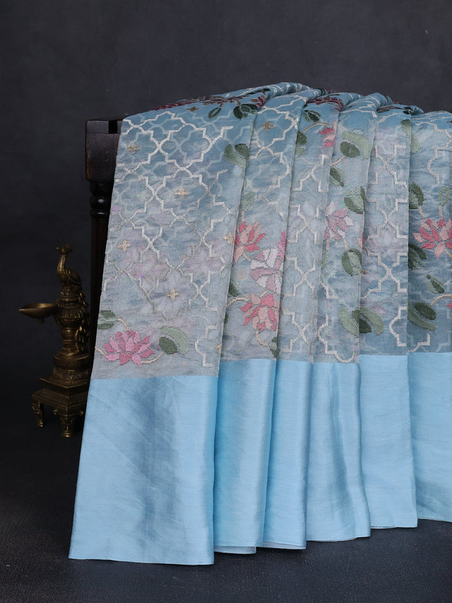 Sky Blue Organza Silk Embroidery Saree
