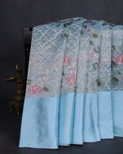 Sky Blue Organza Silk Embroidery Saree
