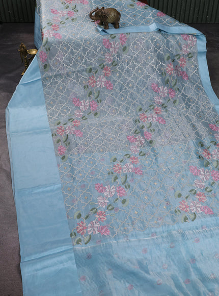 Sky Blue Organza Silk Embroidery Saree
