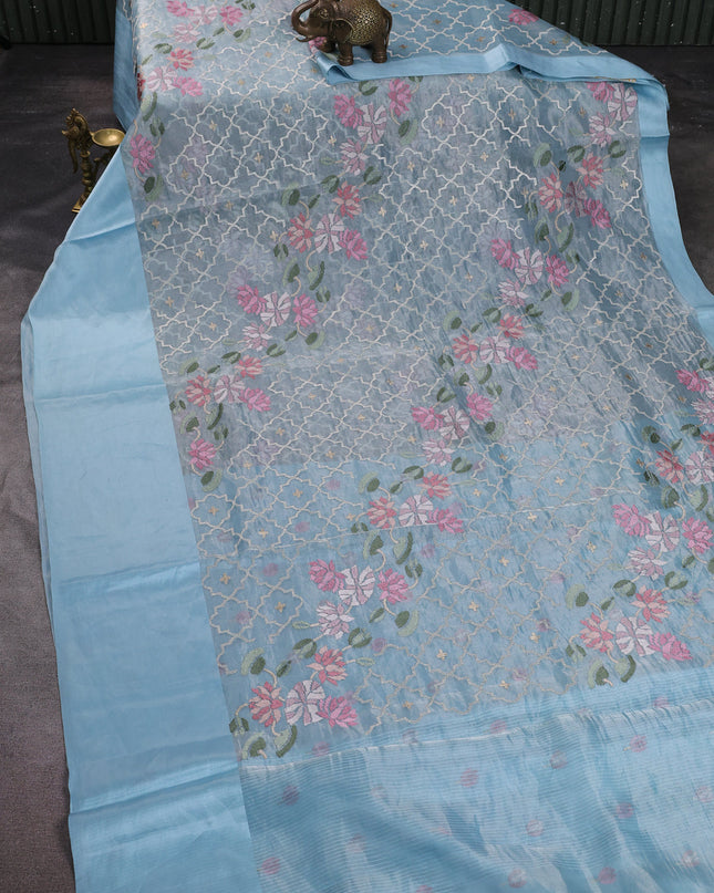 Sky Blue Organza Silk Embroidery Saree