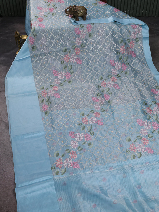 Sky Blue Organza Silk Embroidery Saree
