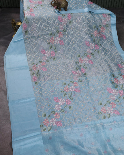 Sky Blue Organza Silk Embroidery Saree