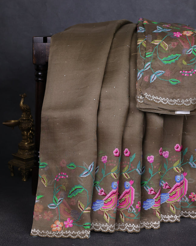 Brown Organza Embroidery Saree