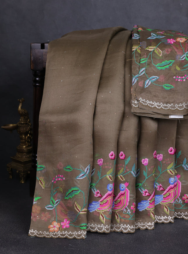 Brown Organza Embroidery Saree