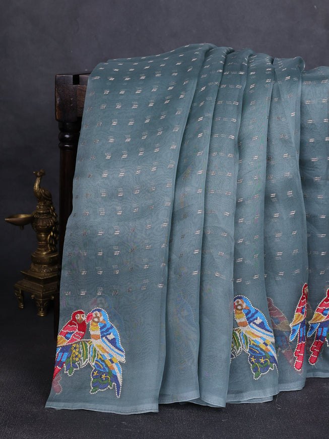 Grey Organza Embroidery Saree