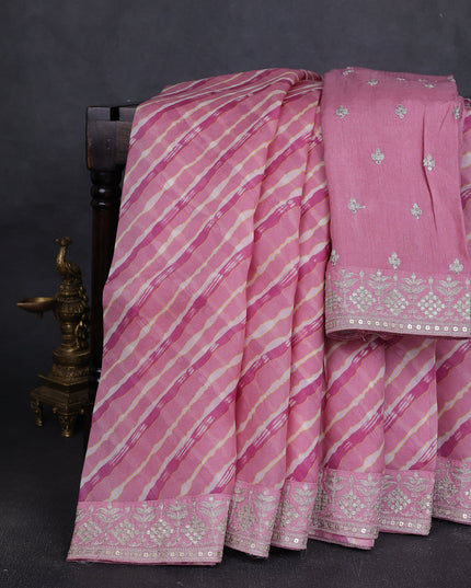 Muave Pink-Off White Organza Embroidery Saree