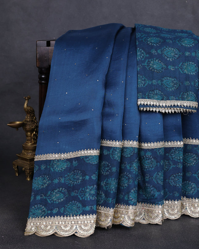 Peacock Blue Organza Embroidery Saree