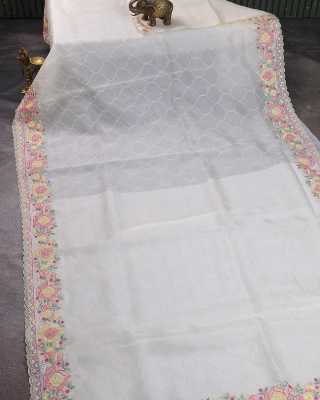 Off White Organza Embroidery Saree