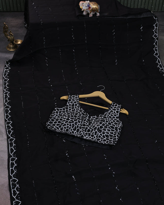 Black Organza Silk Saree-Sequin Work Readymade Blouse