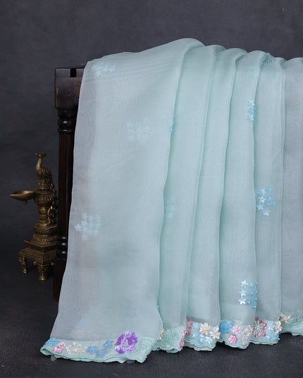 Sky Blue -Organza Silk Saree-Beaded Work Readymade Blouse