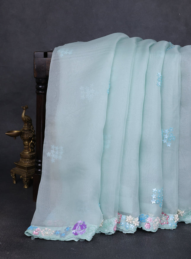 Sky Blue -Organza Silk Saree-Beaded Work Readymade Blouse
