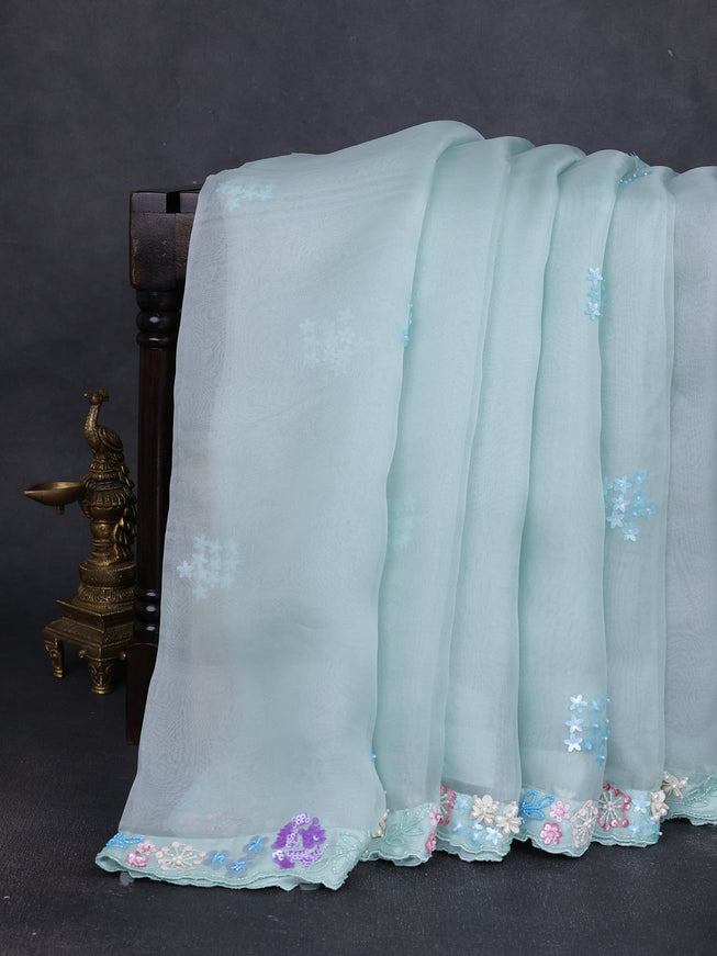 Sky Blue -Organza Silk Saree-Beaded Work Readymade Blouse