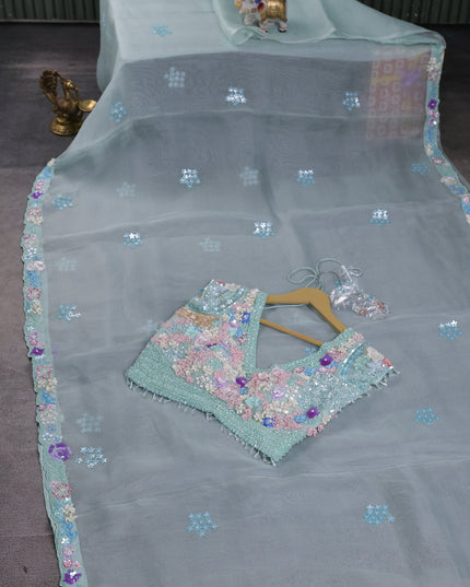 Sky Blue -Organza Silk Saree-Beaded Work Readymade Blouse