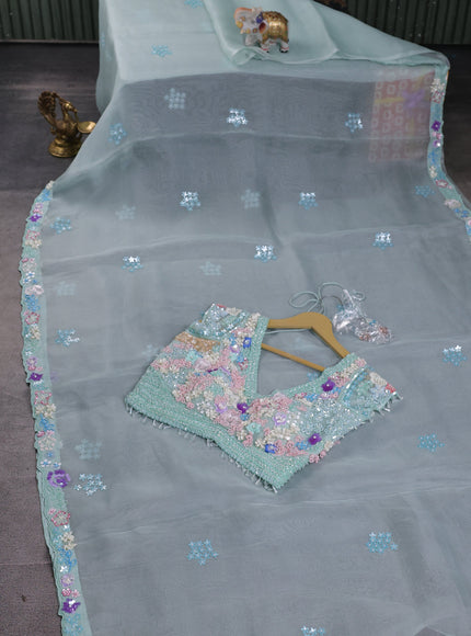 Sky Blue -Organza Silk Saree-Beaded Work Readymade Blouse