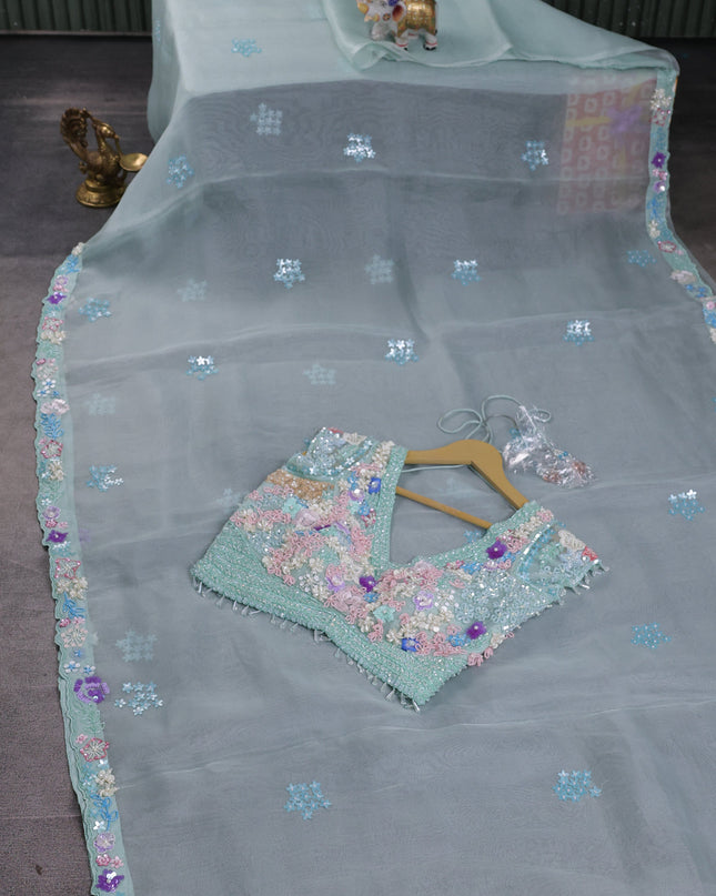 Sky Blue -Organza Silk Saree-Beaded Work Readymade Blouse