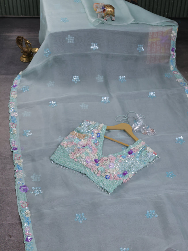 Sky Blue -Organza Silk Saree-Beaded Work Readymade Blouse