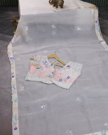 Off White Organza Silk Saree-Readymade Blouse