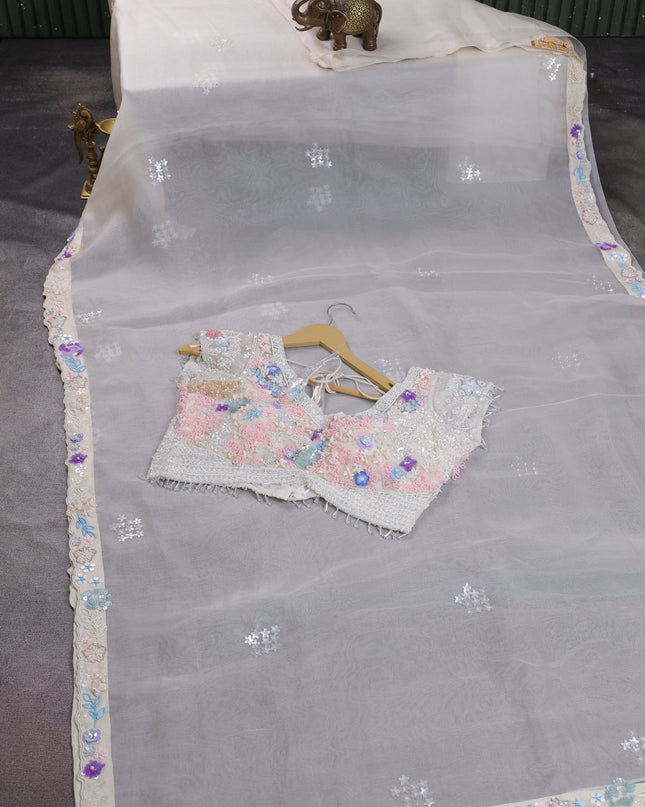 Off White Organza Silk Saree-Readymade Blouse