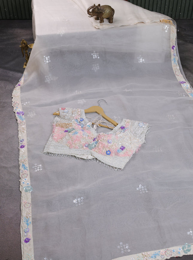 Off White Organza Silk Saree-Readymade Blouse