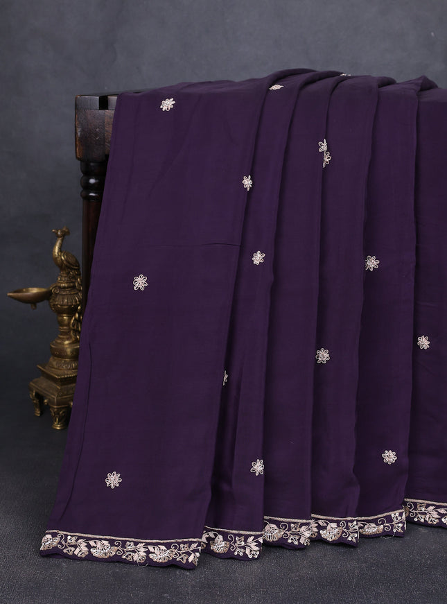 Purple Crepe Embroidery Saree-Embroided Readymade Blouse