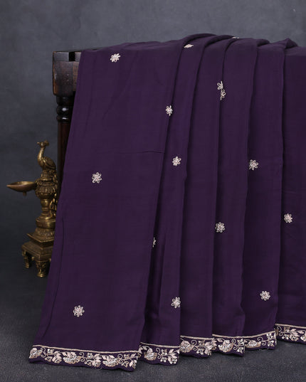 Purple Crepe Embroidery Saree-Embroided Readymade Blouse