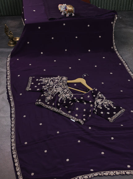 Purple Crepe Embroidery Saree-Embroided Readymade Blouse
