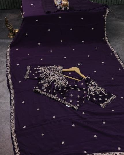 Purple Crepe Embroidery Saree-Embroided Readymade Blouse