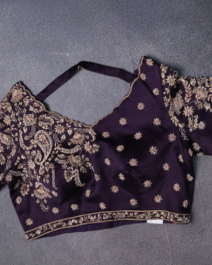 Purple Crepe Embroidery Saree-Embroided Readymade Blouse