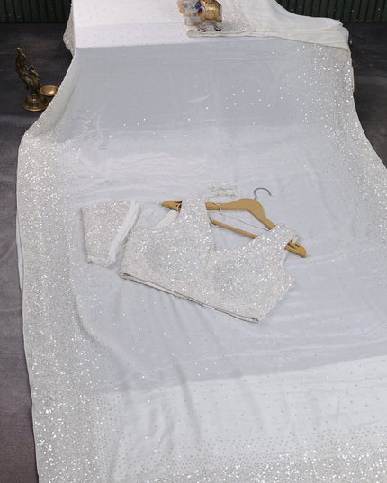 Off White Chiffon Embroidery Saree-Embroided Readymade Blouse