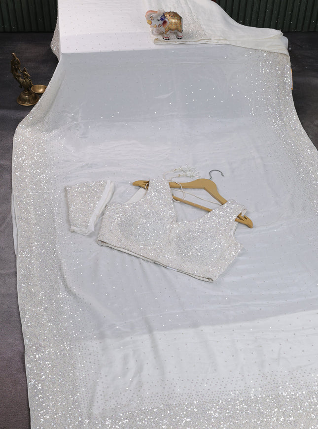 Off White Chiffon Embroidery Saree-Embroided Readymade Blouse