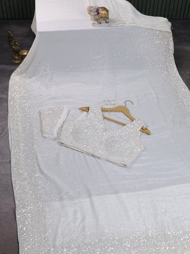 Off White Chiffon Embroidery Saree-Embroided Readymade Blouse