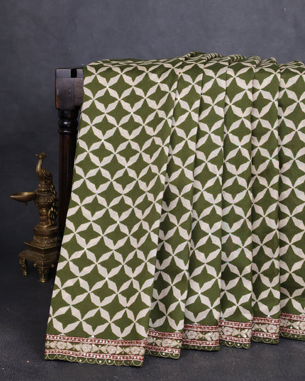 Green Crepe Embroidery Saree-Readymade Blouse