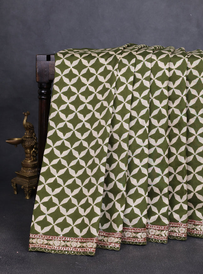 Green Crepe Embroidery Saree-Readymade Blouse