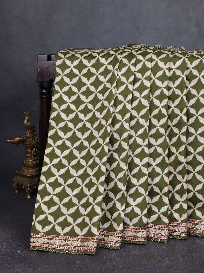 Green Crepe Embroidery Saree-Readymade Blouse