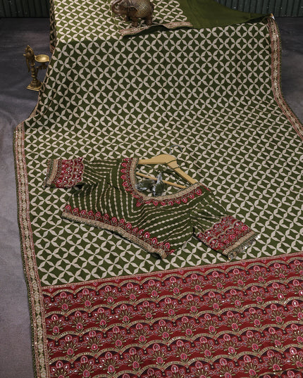 Green Crepe Embroidery Saree-Readymade Blouse