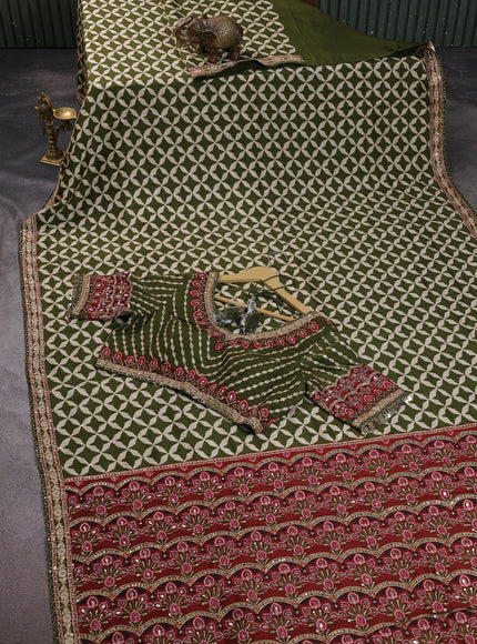 Green Crepe Embroidery Saree-Readymade Blouse